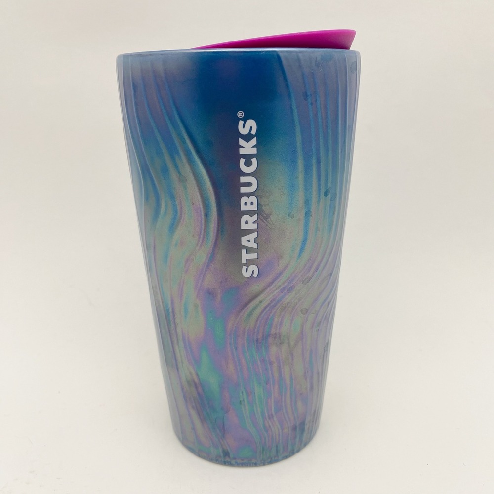 Starbucks Iridescent Winter Rainbow Wavy Ceramic Travel Tumbler 12oz Blue Purple